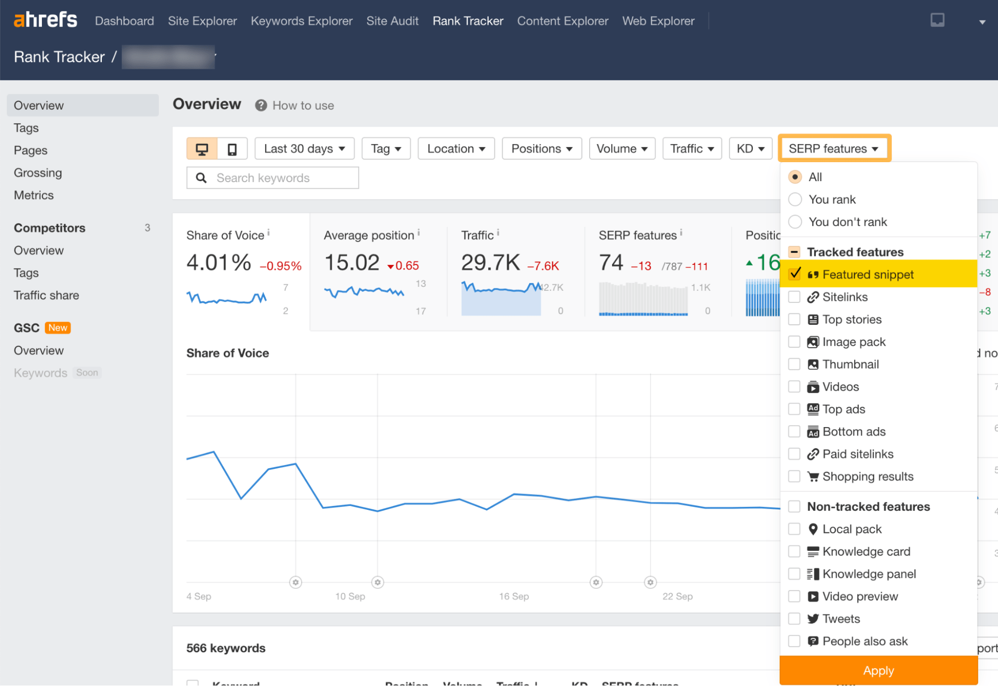 SERP features drop down menu, selecting featured snippets, via Ahrefs' Rank Tracker
