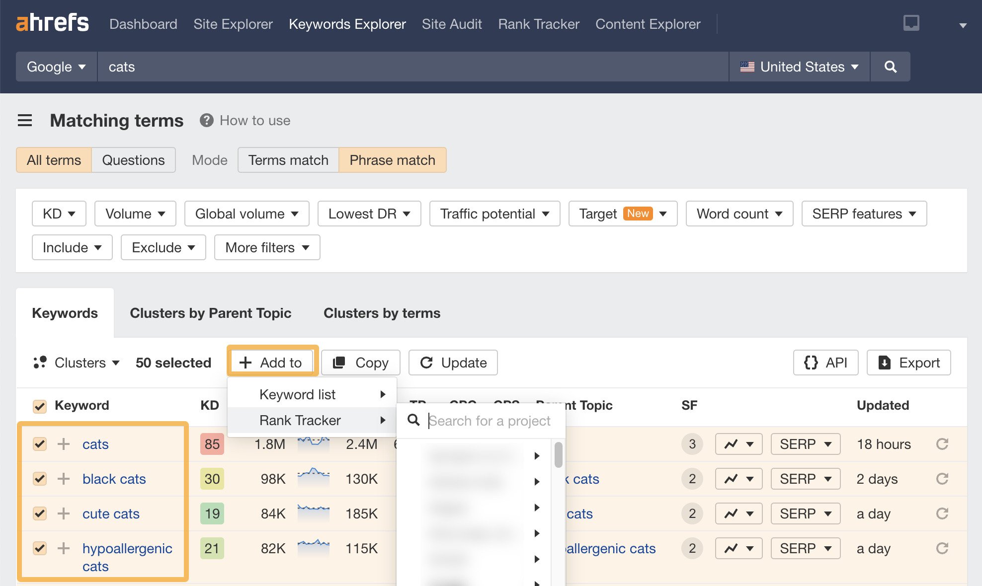 Adding keywords to Ahrefs' Rank Tracker
