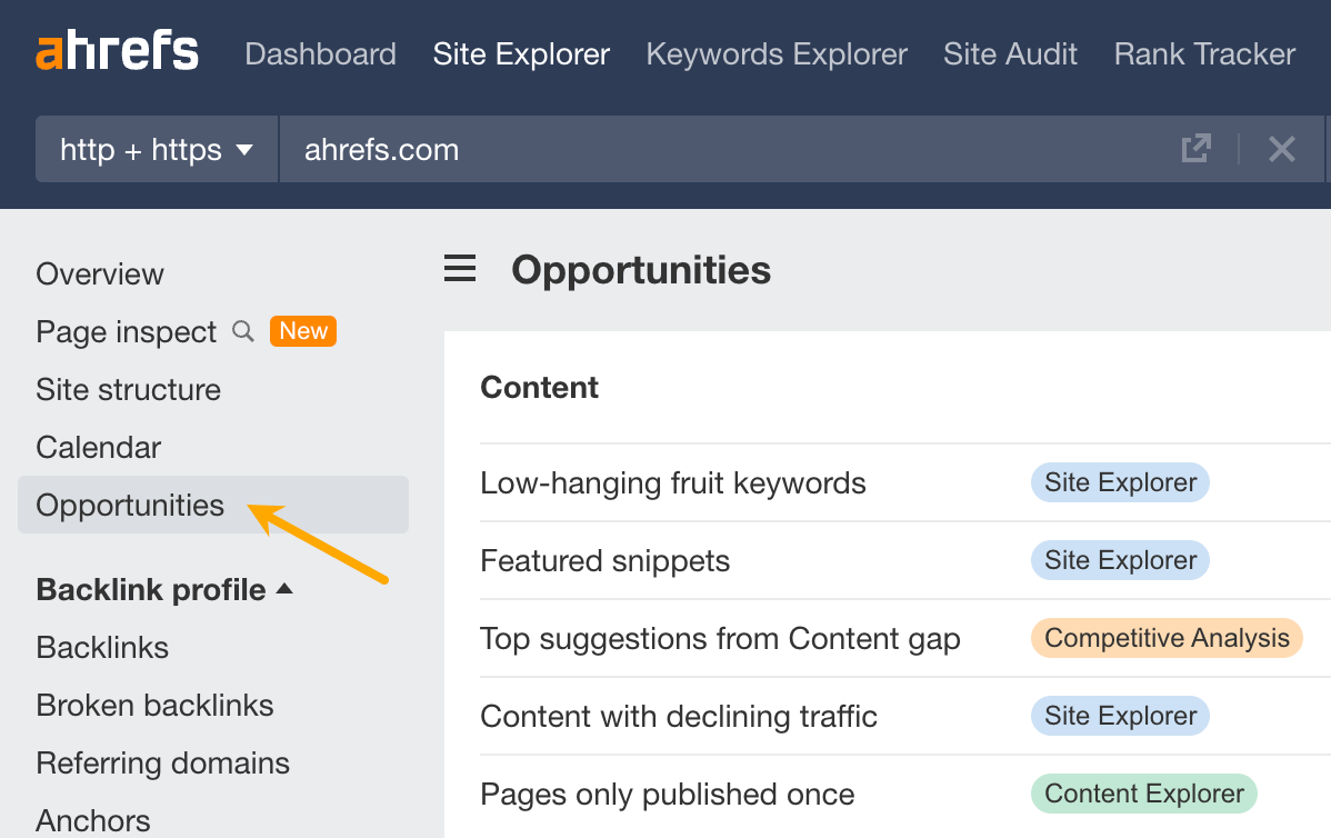 Relatório de oportunidades no Ahrefs Site Explorer.