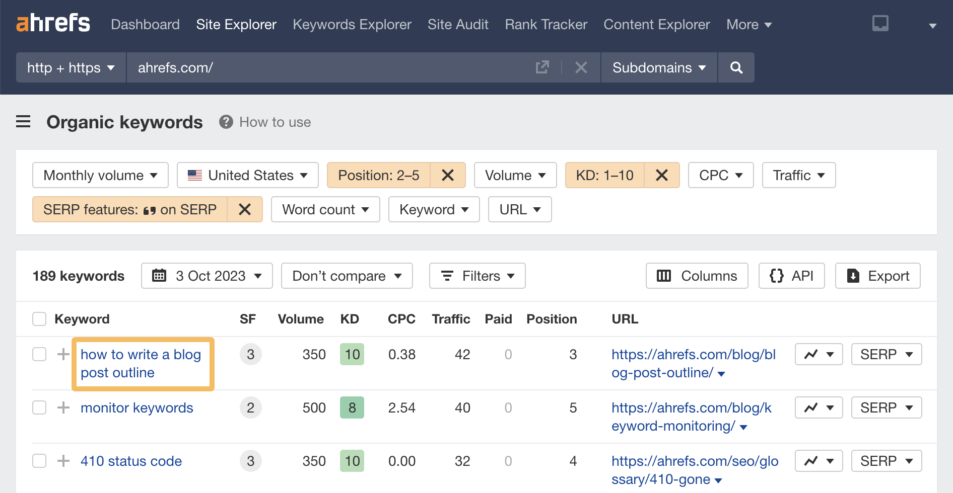 Highlight of how to write a blog post outline, via Ahrefs' Keywords Explorer
