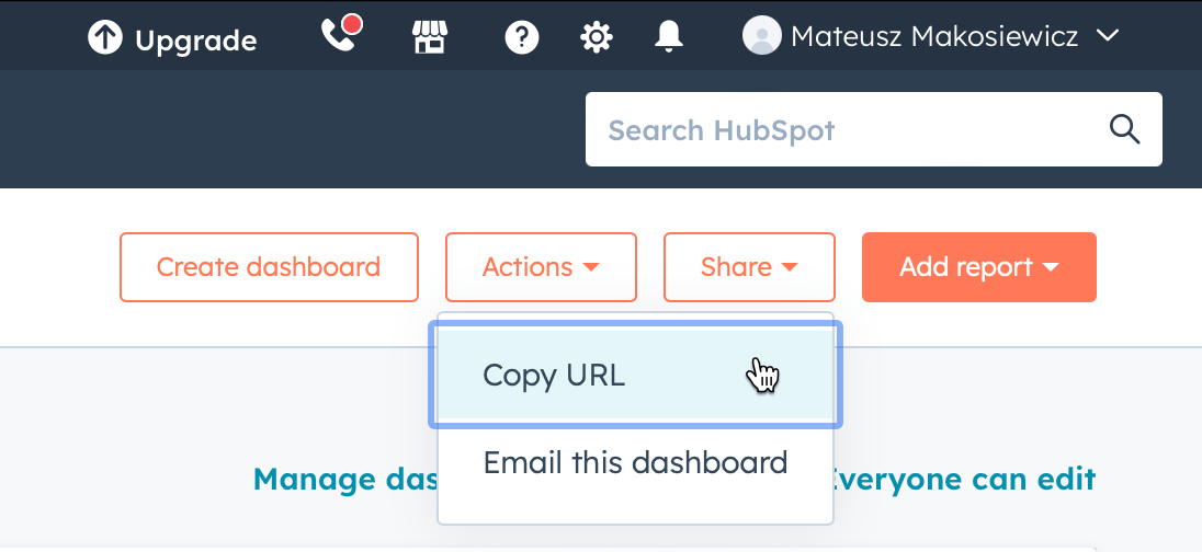 Dashboard sharing feature in Hubspot.