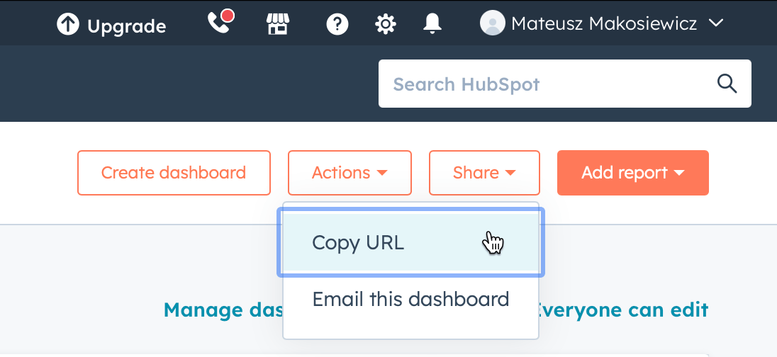 Dashboard-Freigabefunktion in Hubspot.