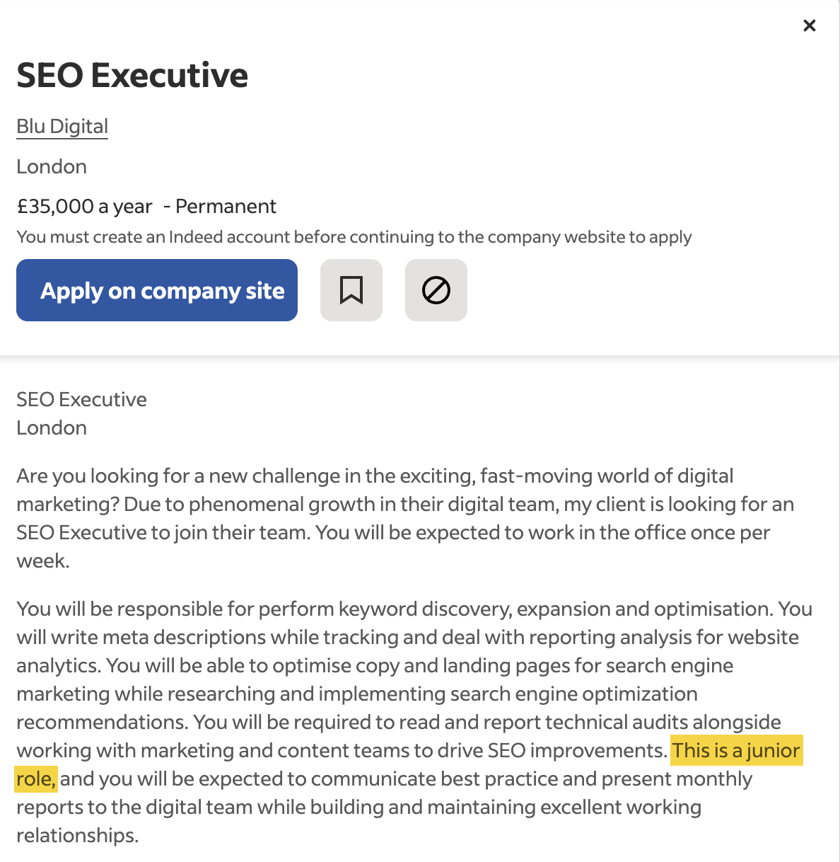 Junior SEO job listing example