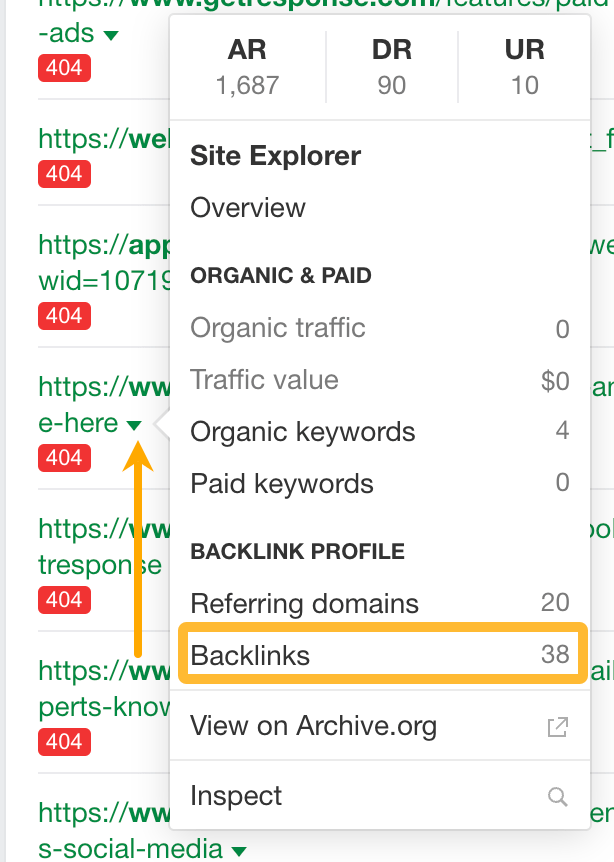 Clicking the Backlinks report to see the backlinks pointing at GetResponse's dead article