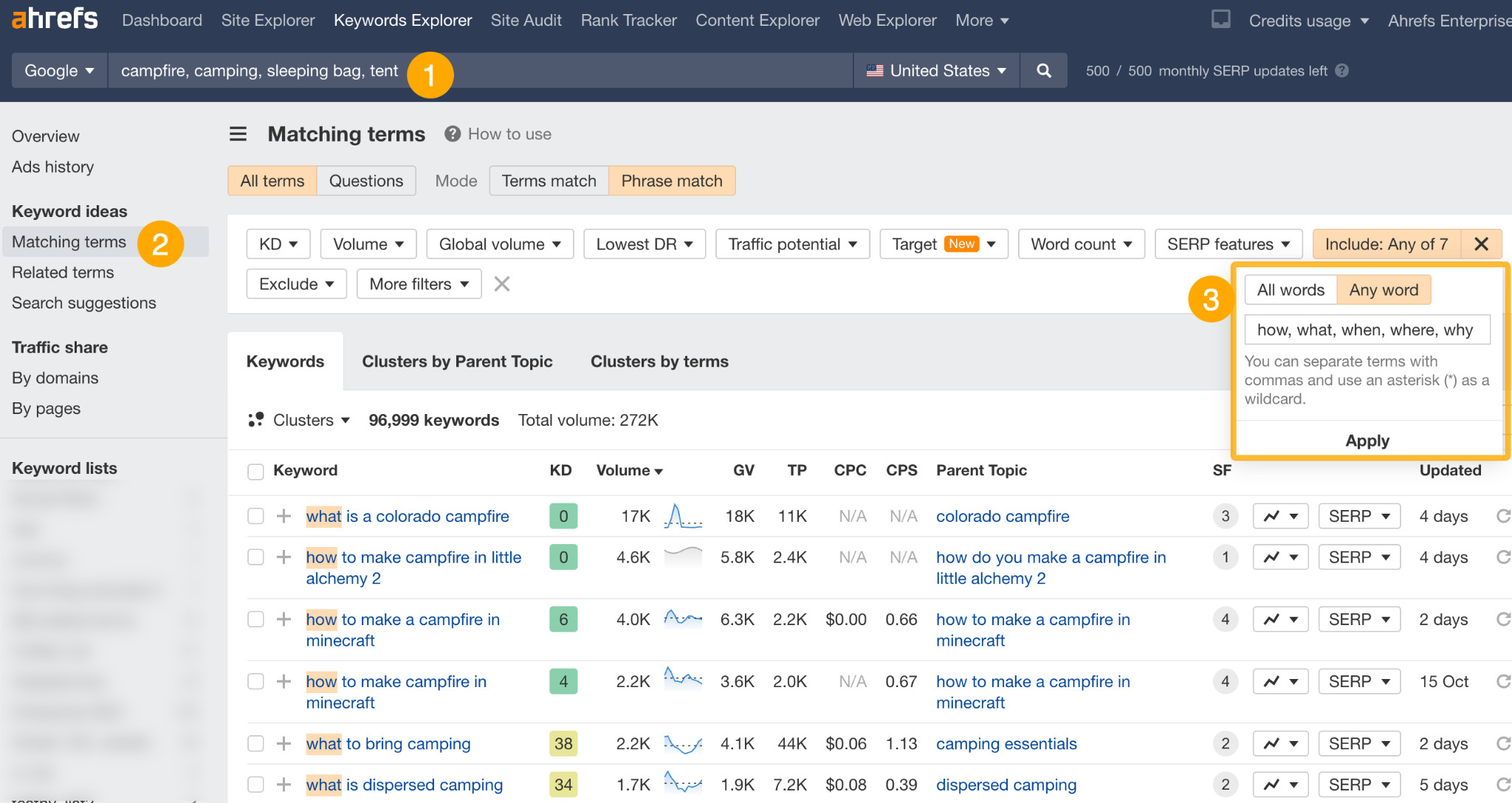 Finding informational keywords using the Include filter in Keywords Explorer