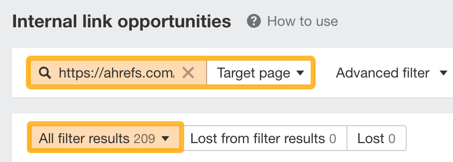 Searching for a page to internally link to using the Target page filter