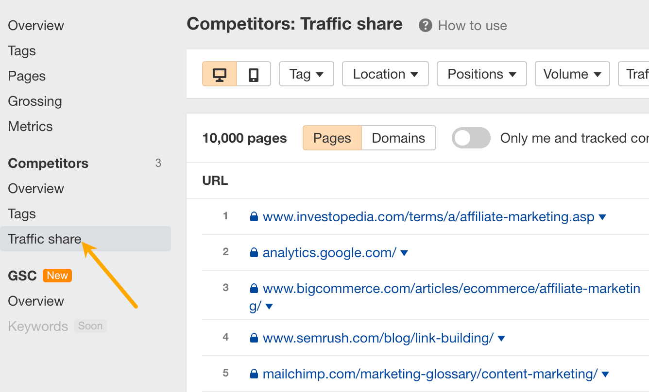 Competitors traffic share report in Rank Tracker