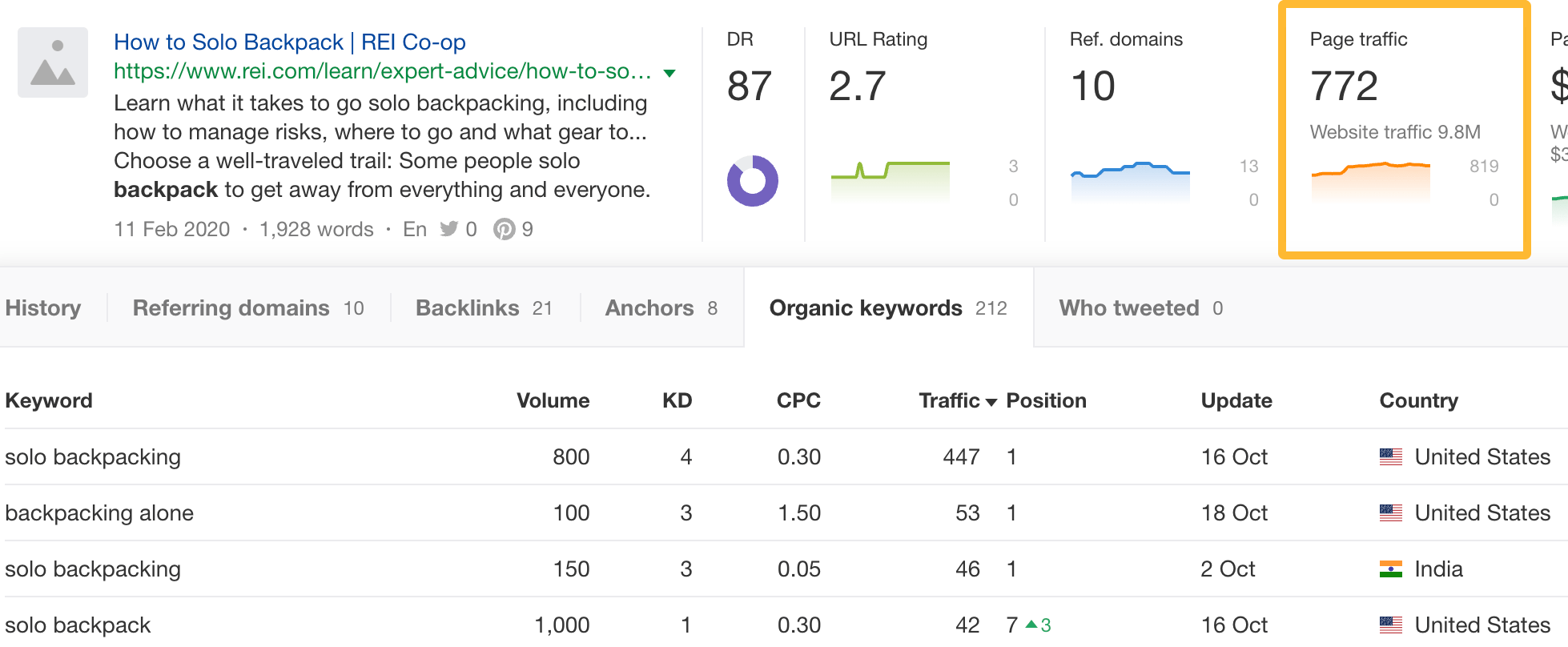 The Page traffic tab shows you the exact keywords it ranks for, its ranking positions, and more