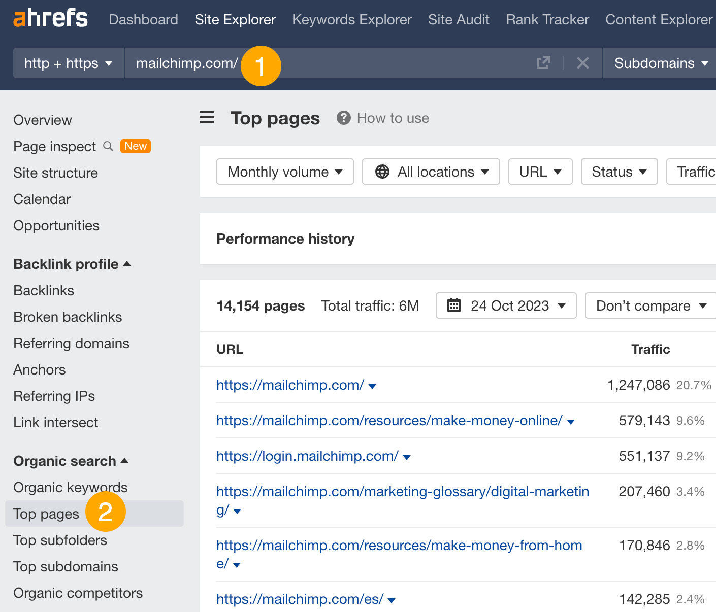 The pages that attract the most search traffic for Mailchimp