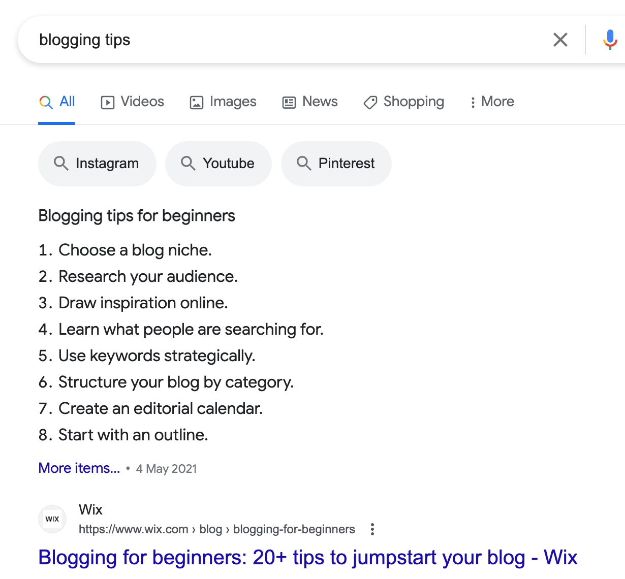 The previous featured snippet for blogging tips, which features clear subheadings