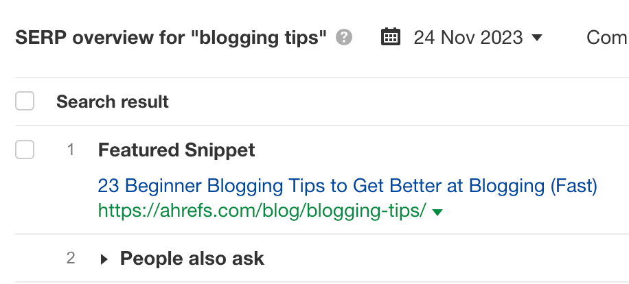 We're currently the featured snippet for the query "blogging tips" in the US