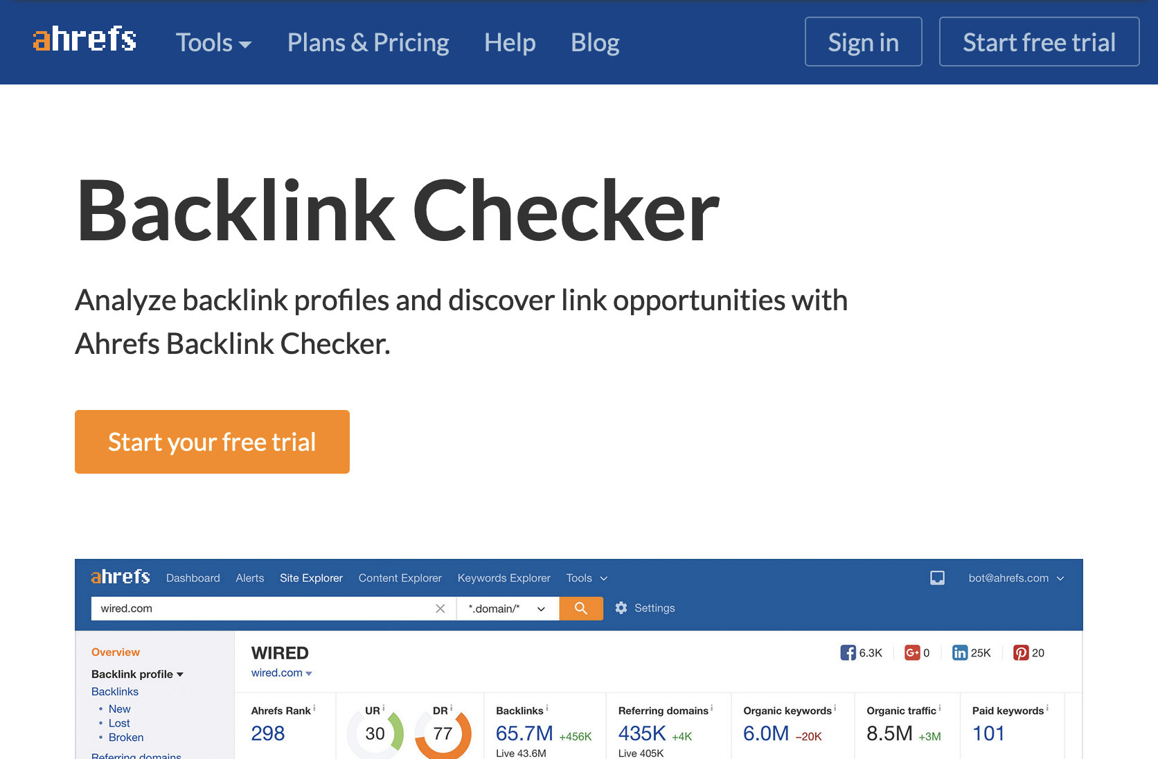 Our original landing page for our backlink checker