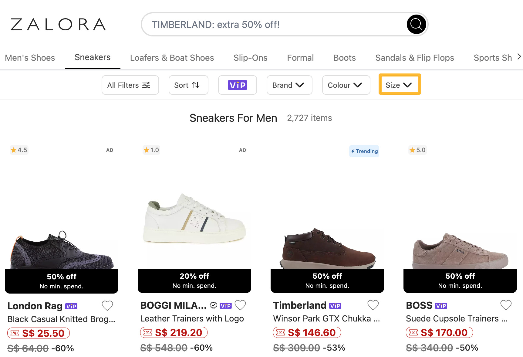 Zalora has a size filter for the men's sneakers page
