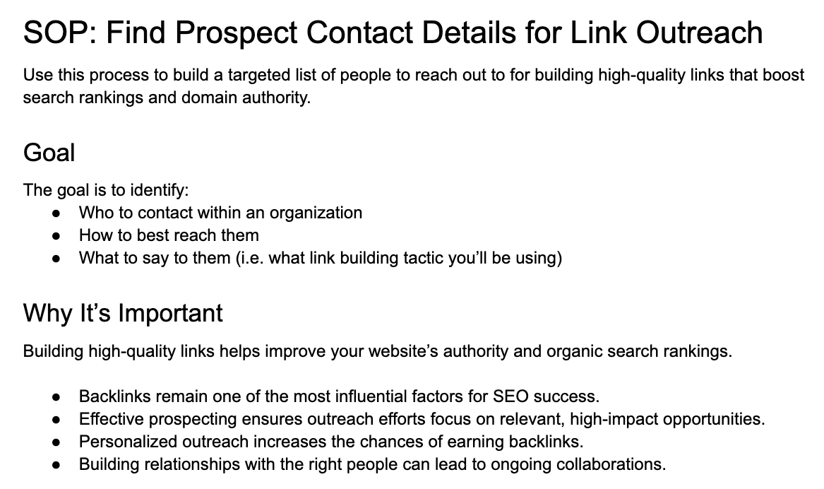 Link Outreach template and SOP screenshot