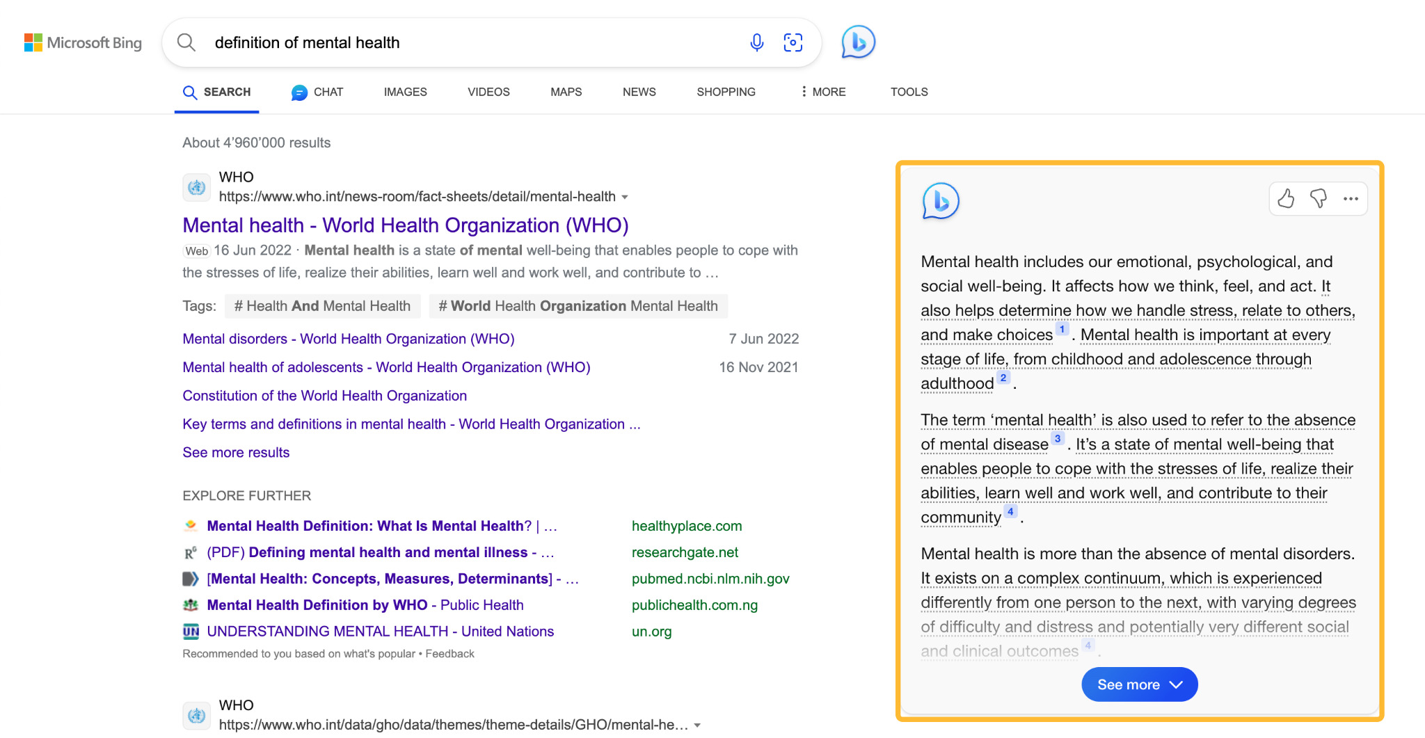 Bing's search results for "definition of mental health"