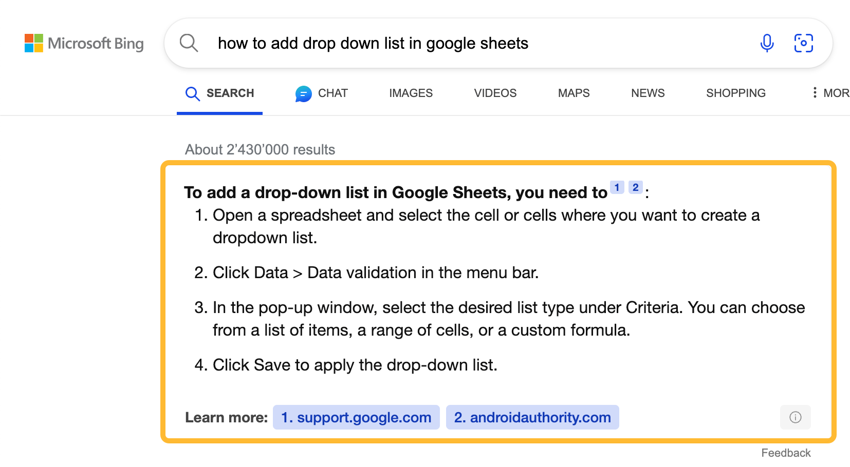 Bing's search results for "how to add drop down list in google sheets"