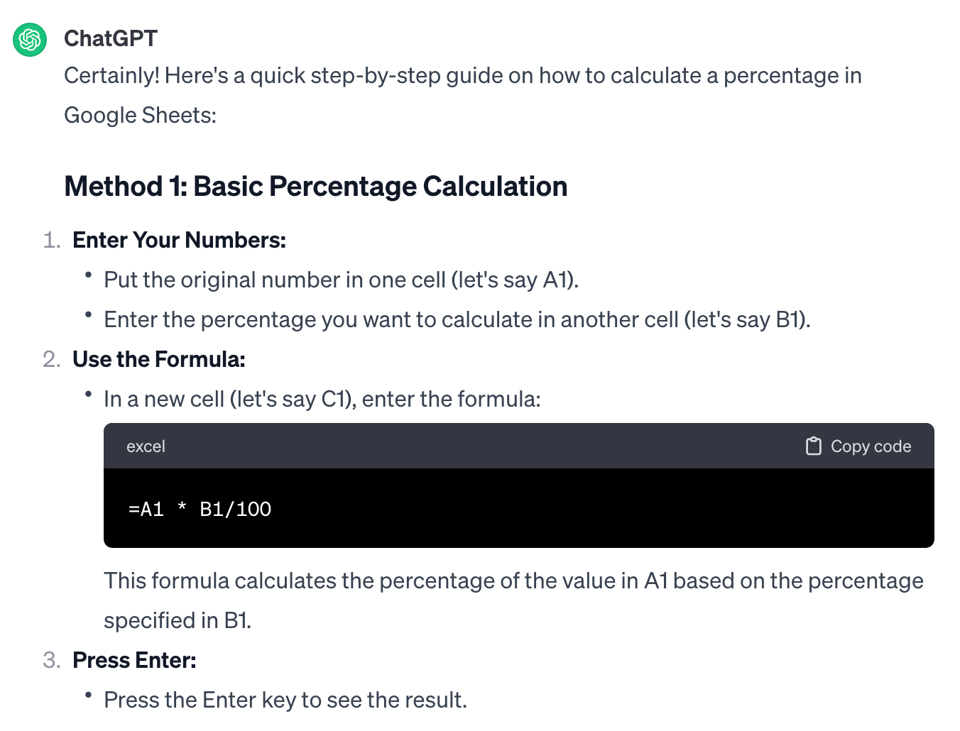 Réponse de ChatGPT à la formule de calcul du pourcentage de Google Sheets