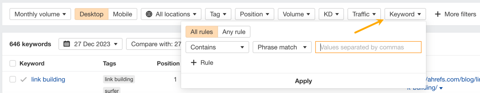 Improved keywords filter in Rank Tracker Overview 2.0