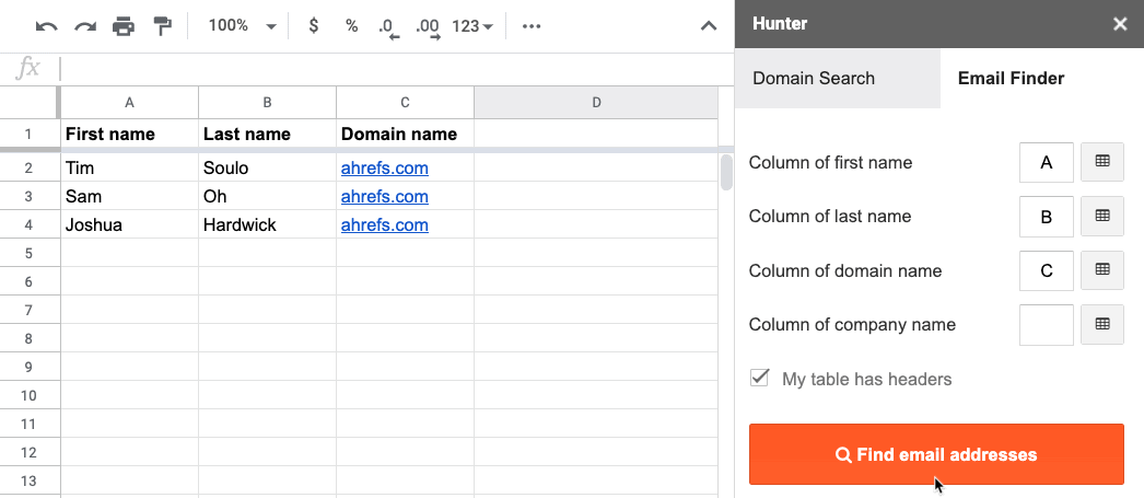 Using the Hunter for Sheets add-on to find emails in bulk directly in Google Sheets