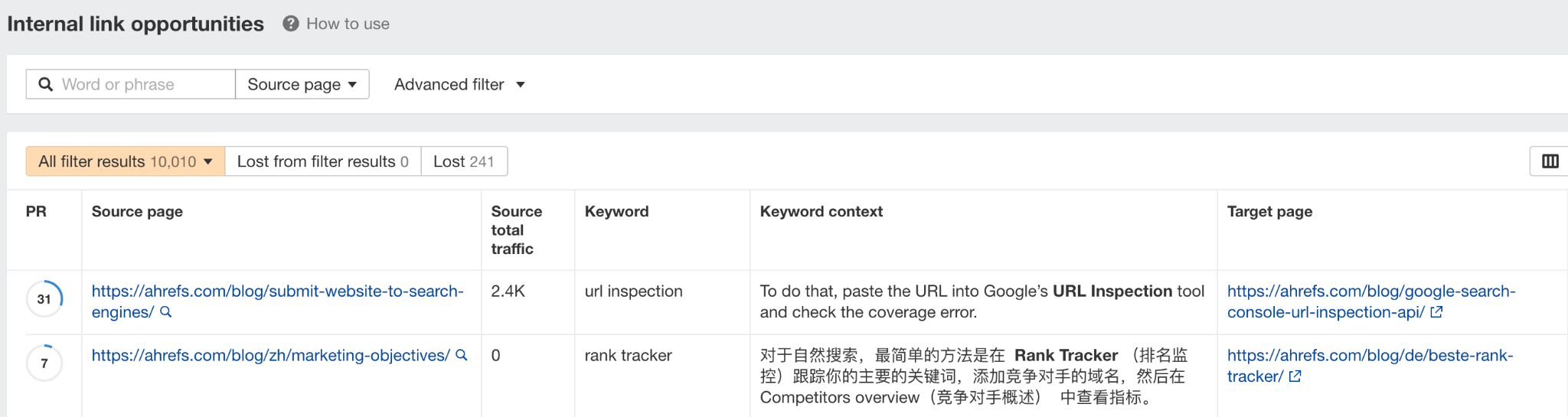 Internal link opportunities report in Ahrefs Site Audit