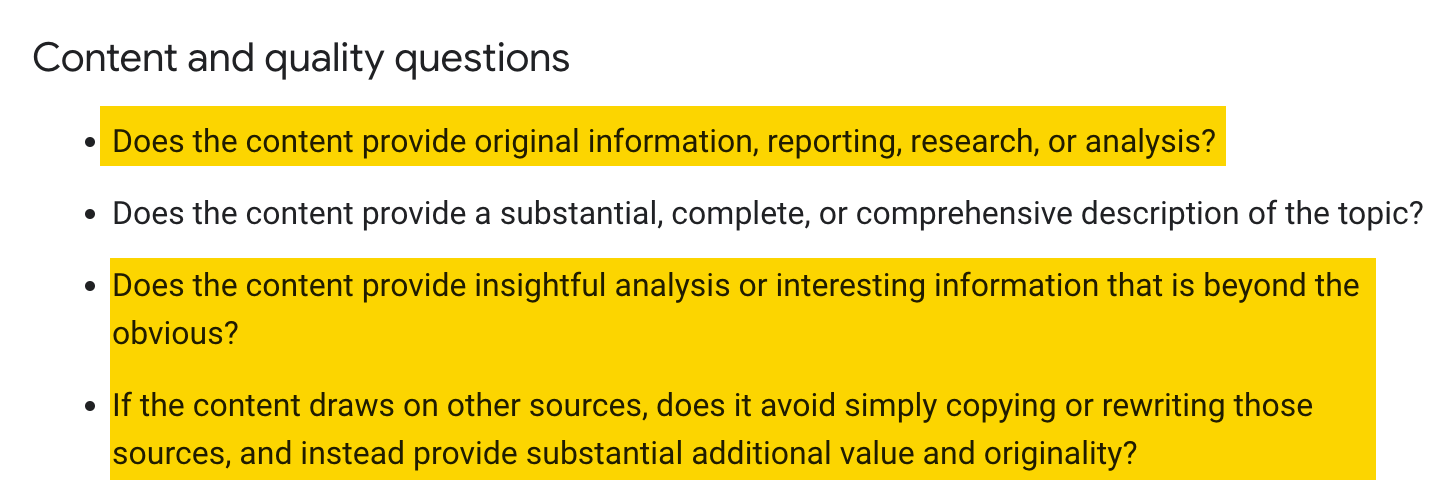 Las pautas de contenido útil de Google especifican que Google busca información original, reveladora o interesante en el contenido.