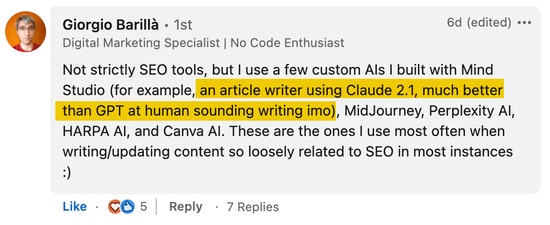 A comment on LinkedIn saying that Claude produces more human-sounding drafts