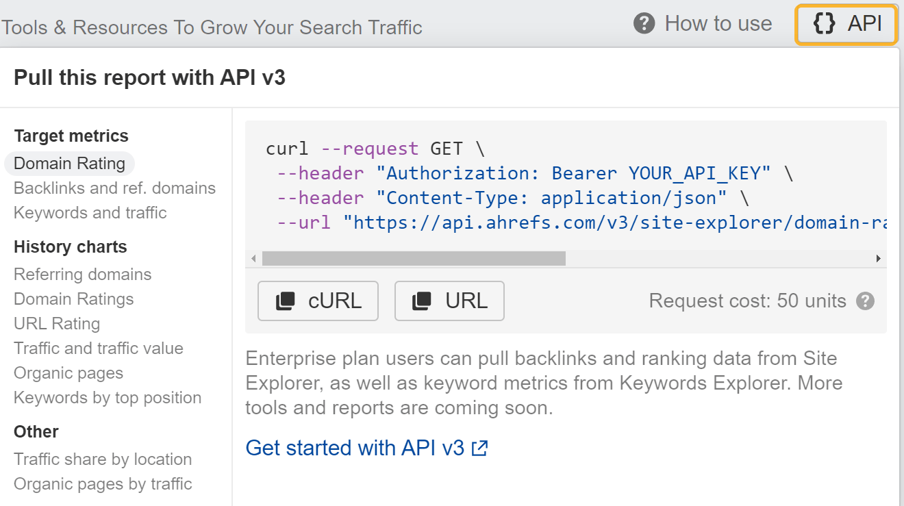 Ahrefs API button shows how to pull data from all of the reports