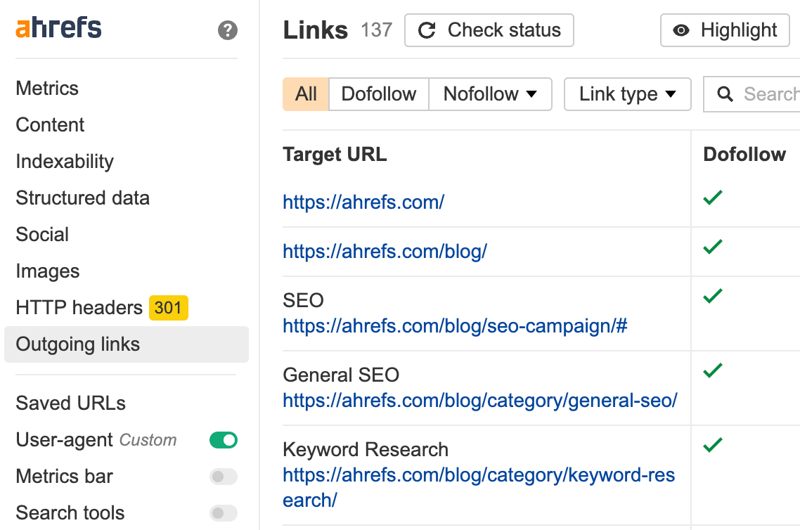 Ahrefs' Toolbar does link checks on any page