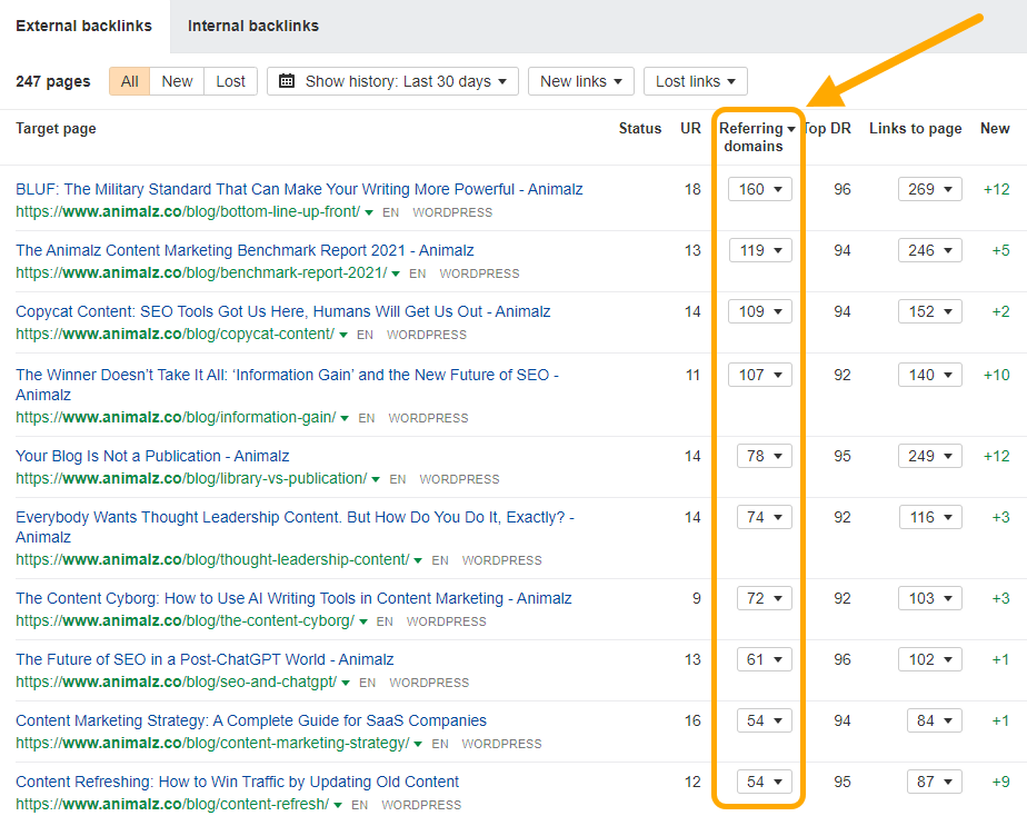 Using Ahrefs to view the number of referring domains foir Animalz's blog posts