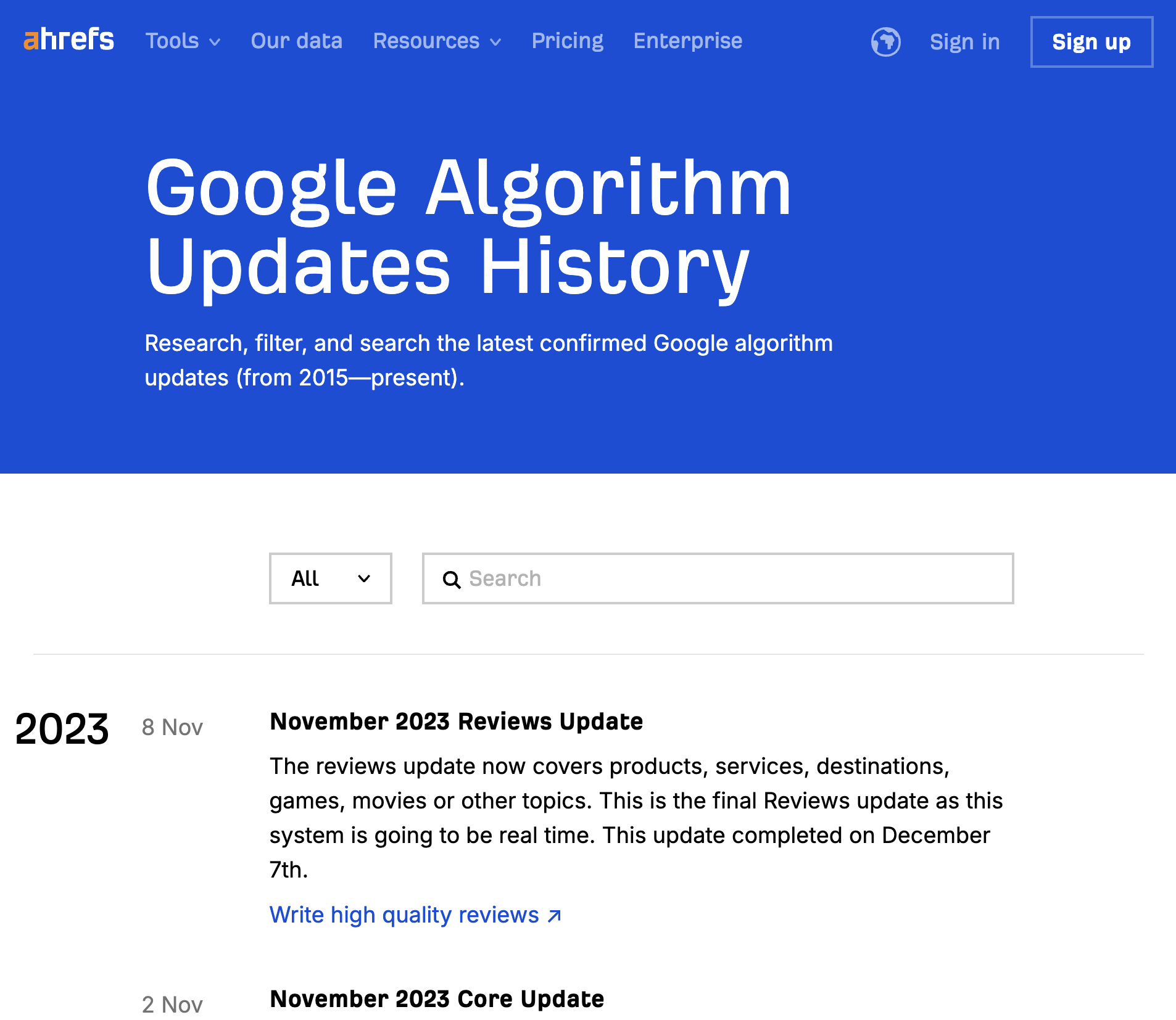 Example of Ahrefs' headless CMS displaying Google's algorithm update history on a webpage