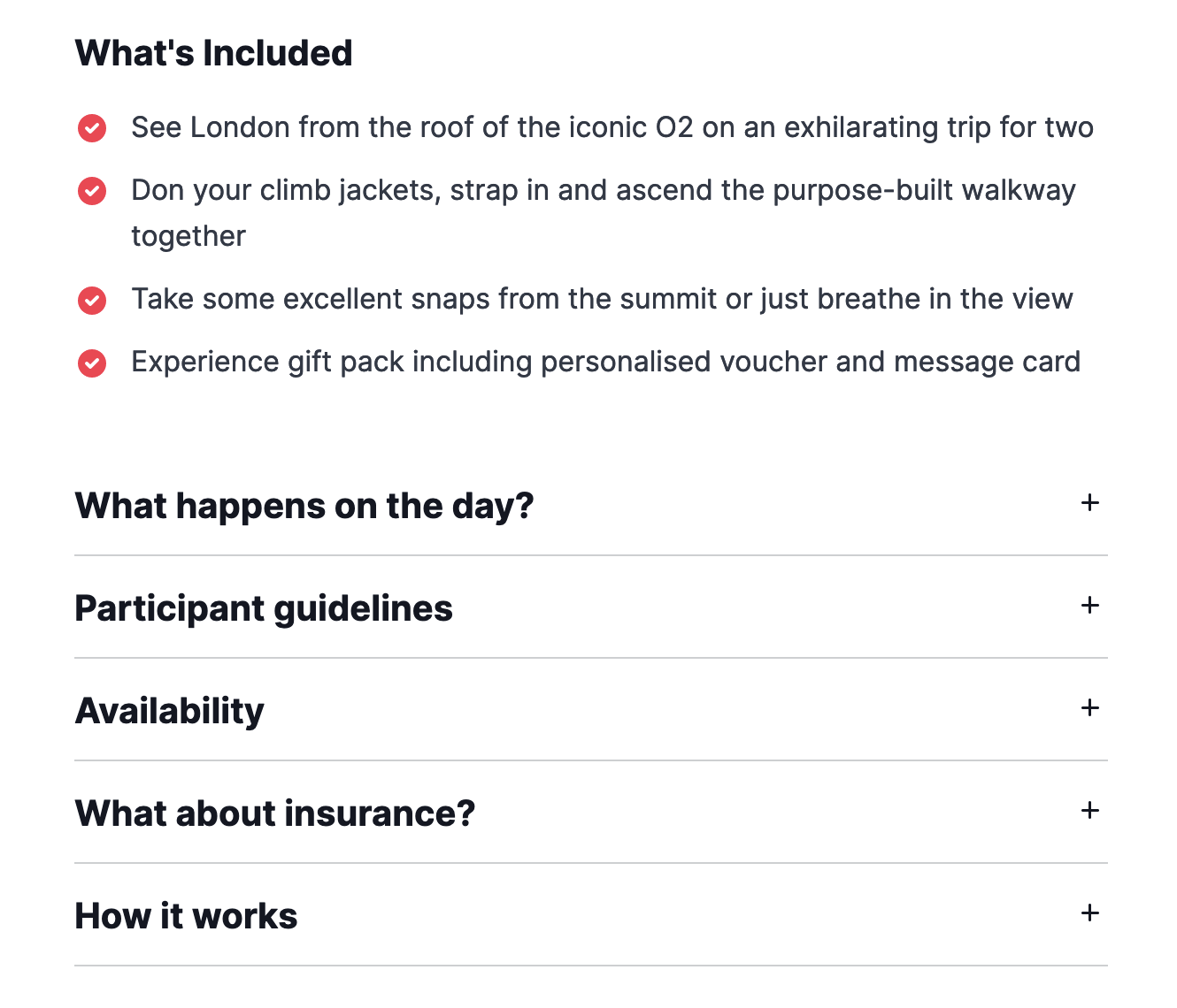 Example of an FAQ section on a Virgin Experience Days product page