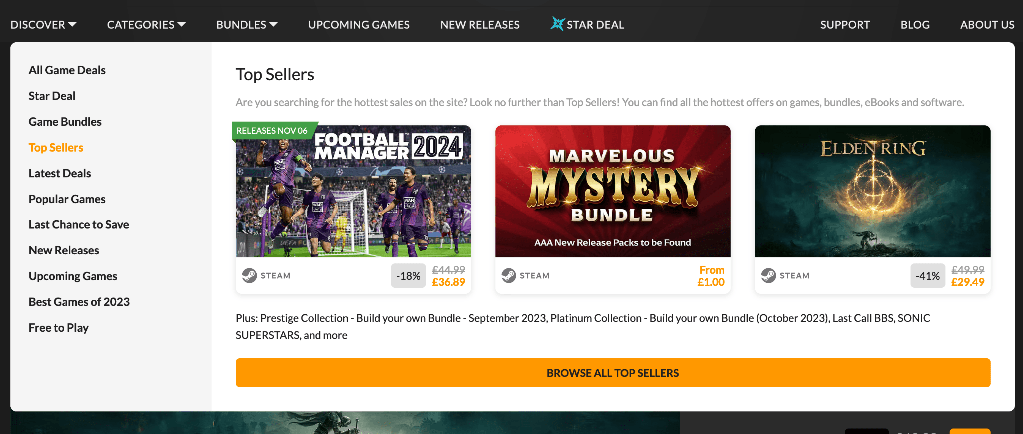 Example of of top selling games on the Fanatical website
