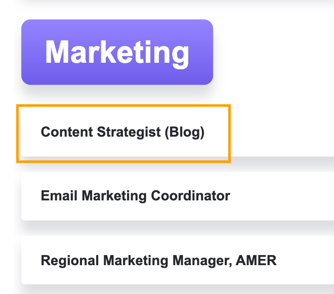 Example of open content-related roles on Clickup's careers page.