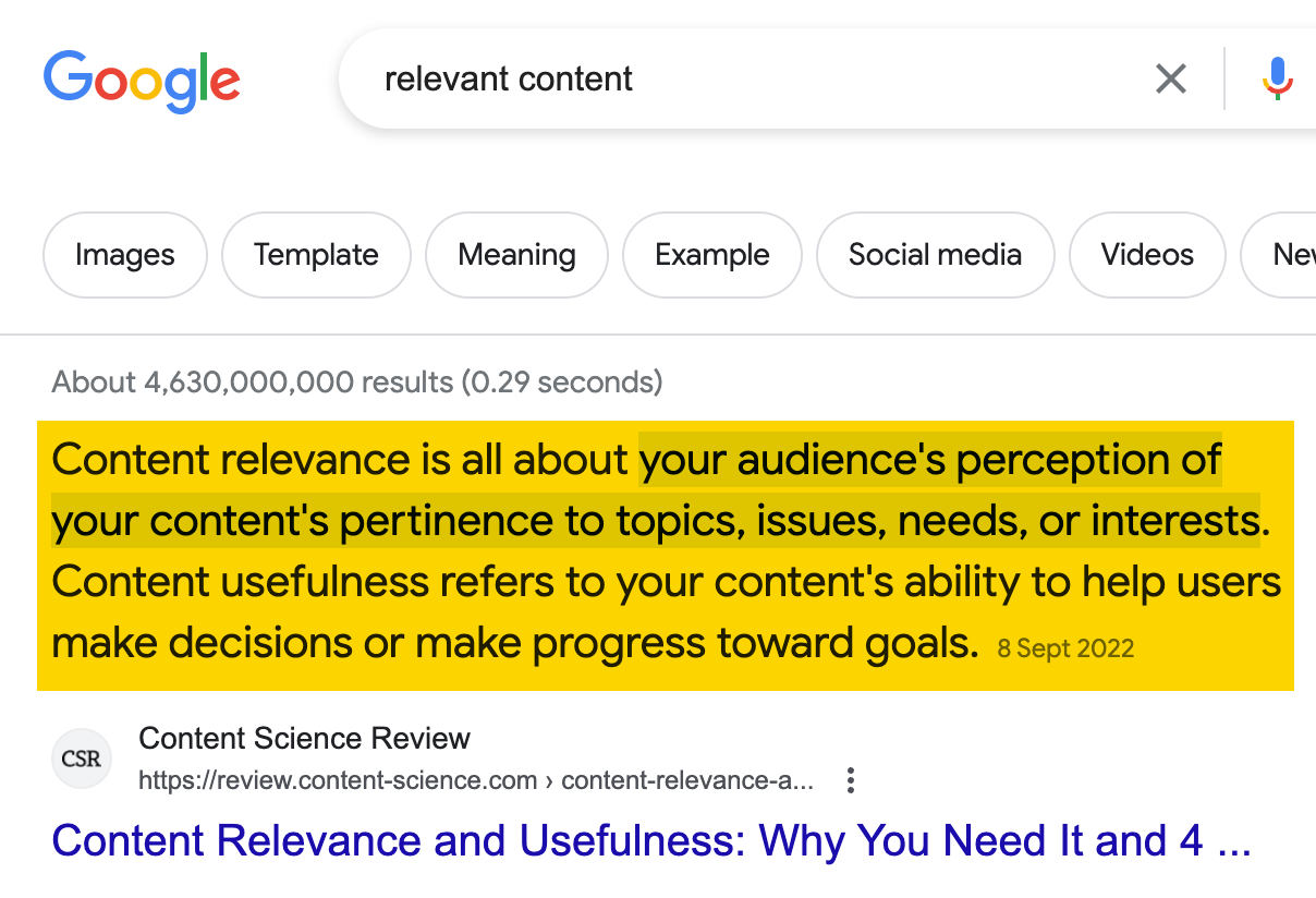 Featured snippet for the keyword "relevant content"
