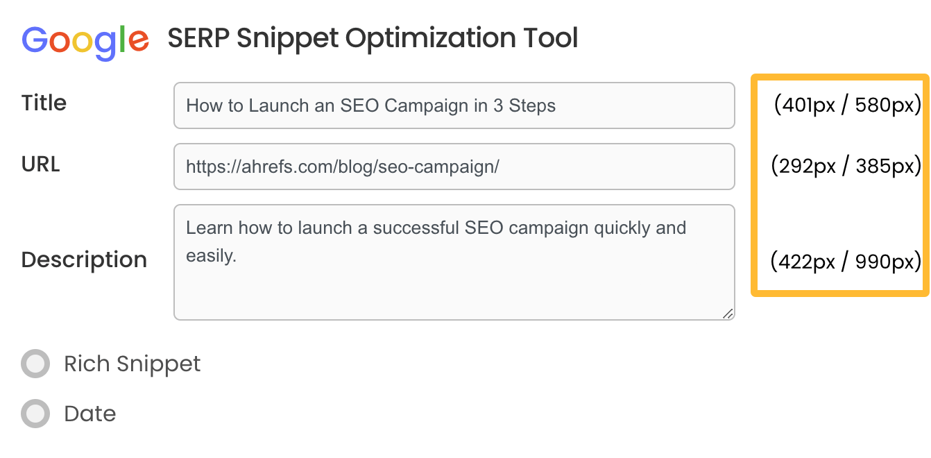 HigherVisibility’s Google SERP Snippet Optimization Tool shows the number of pixels for your title, URL, and meta description