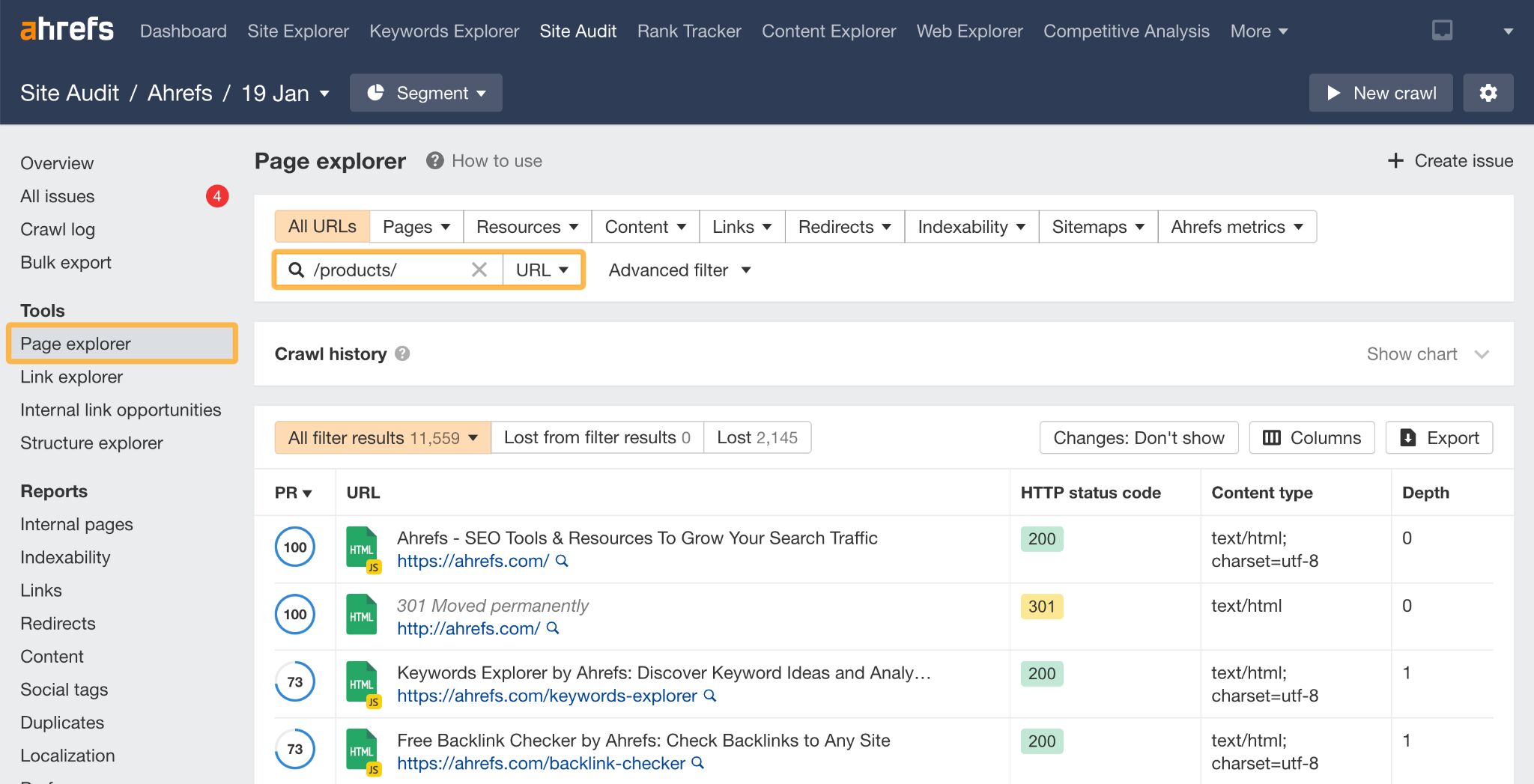 How to filter URLs for /products/ using Ahrefs' Site Audit