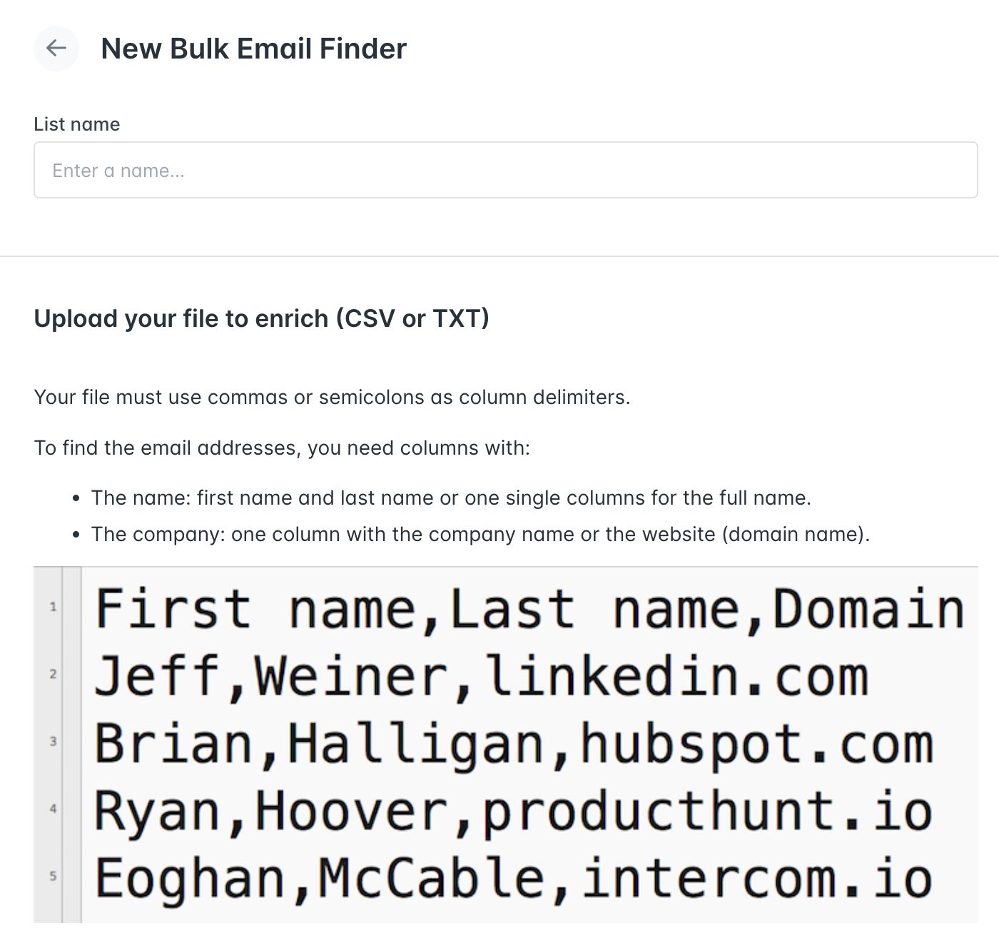 Hunter's bulk email finder