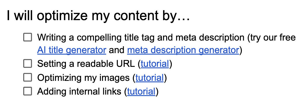 Optimization checklist in the template