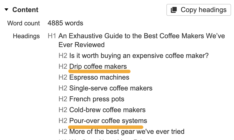 Page structure for a top-ranking page for "best coffee makers"