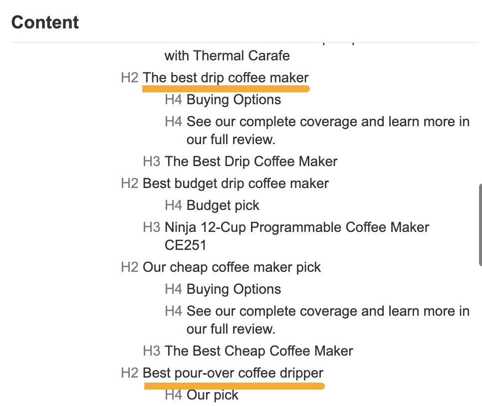 Page structure for a high level page for "the best coffee machines"