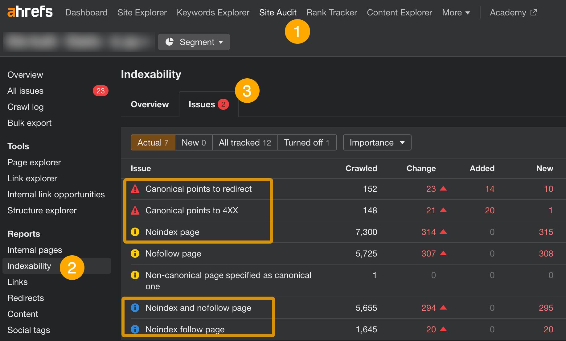 Indexability issues in Ahrefs' Site Audit.