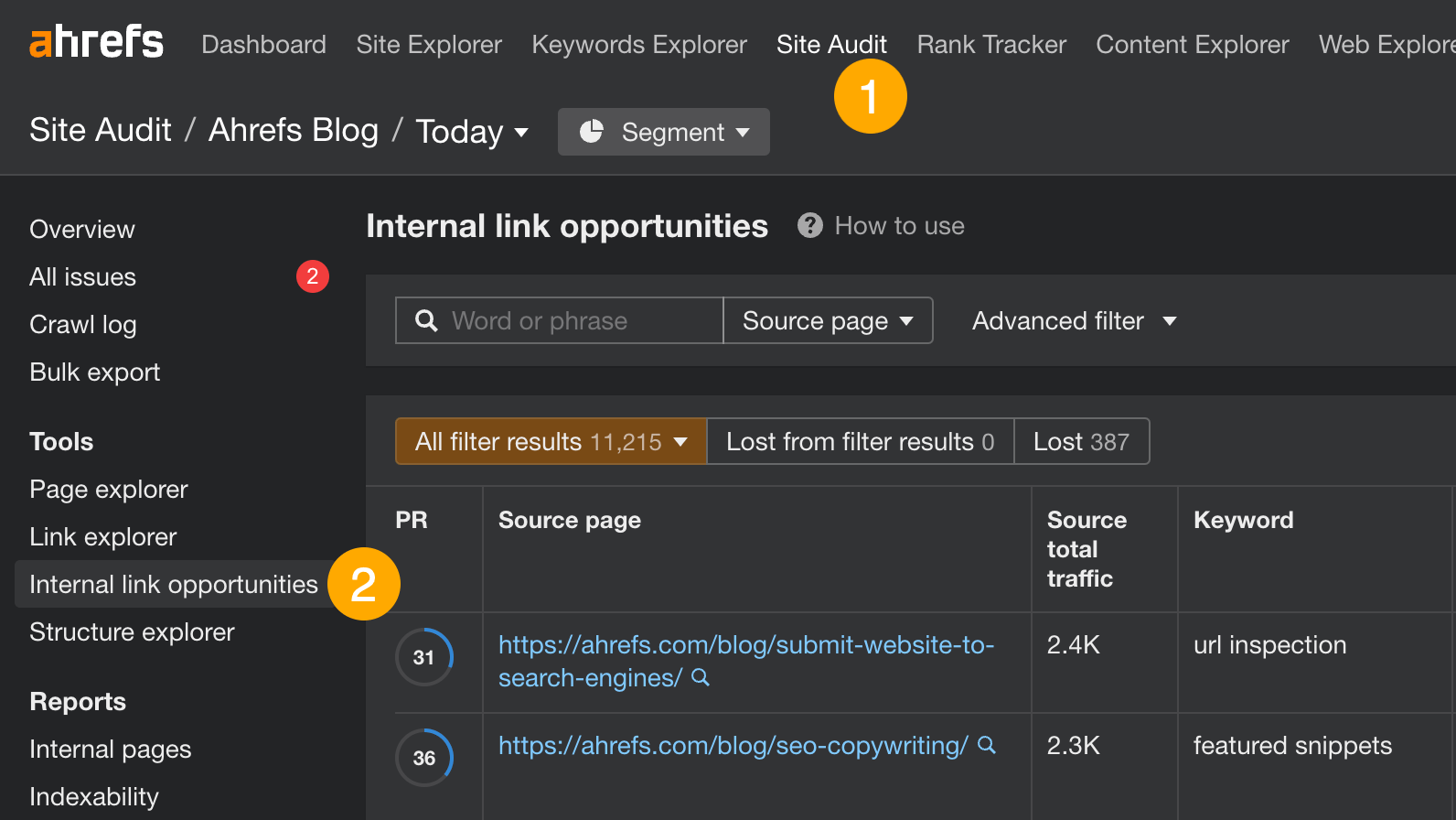 Internal link opportunities in Site Audit.