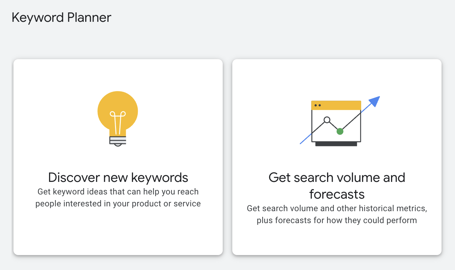 Keyword Planner has two options: discover new keywords, or get search volume and forecasts