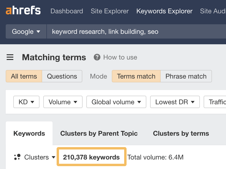 Number of keyword ideas from SEO "seed" keywords in Ahrefs' Keywords Explorer = 210K