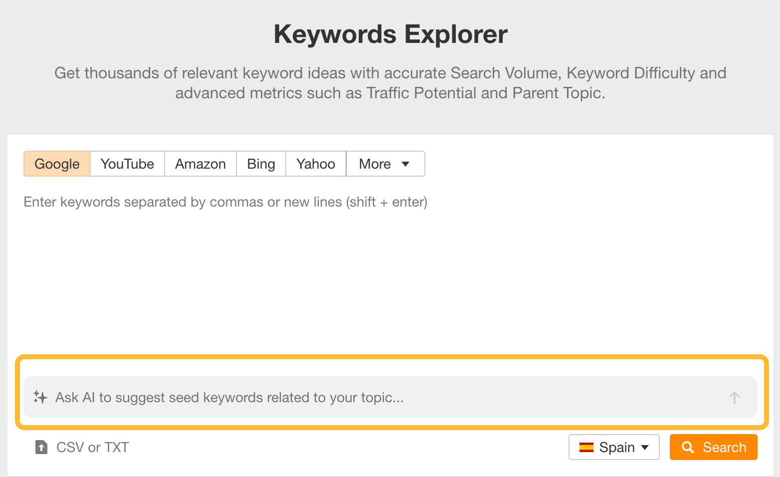 Ask AI to suggest seed keywords, a feature in Keywords Explorer