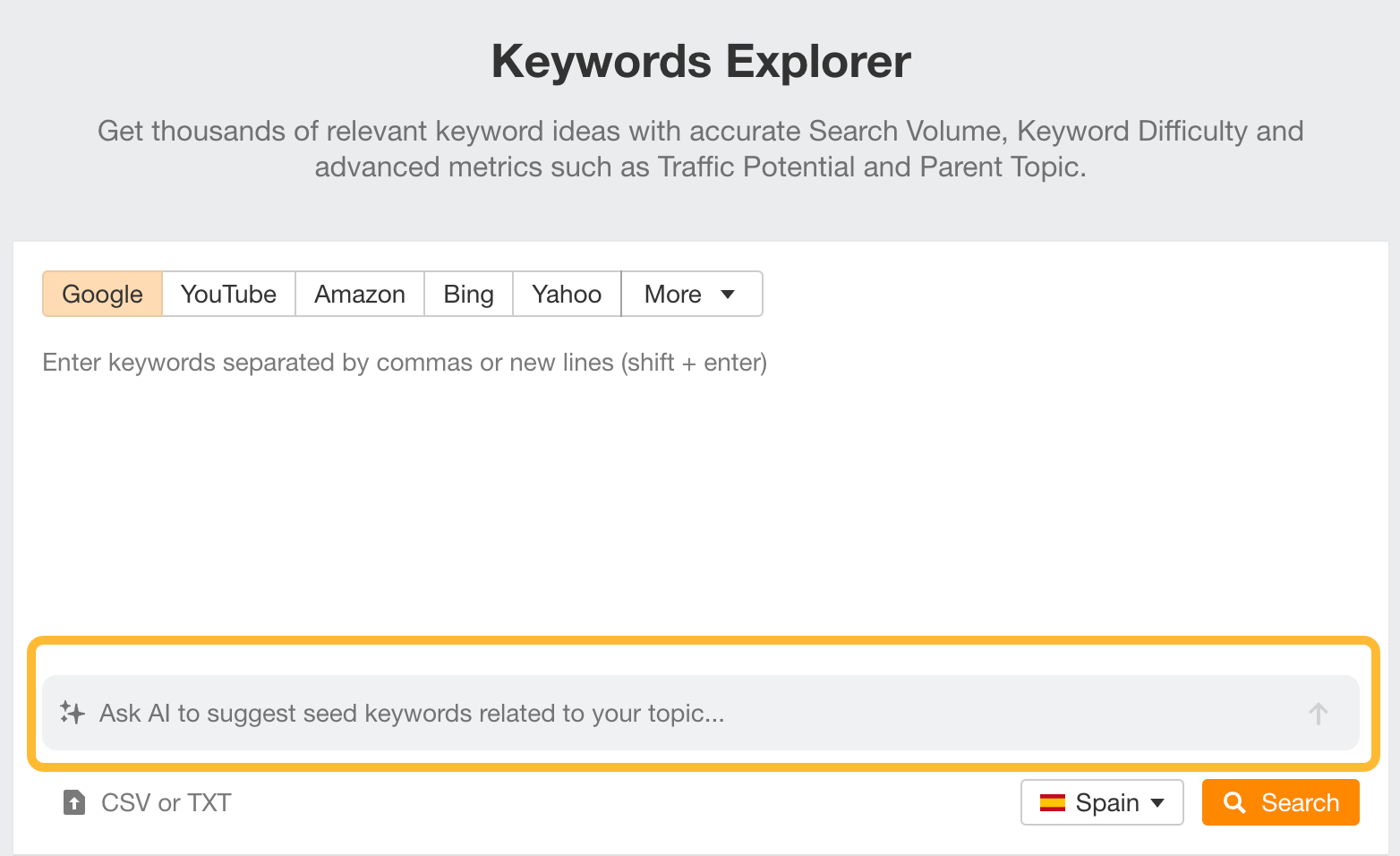 Ask the AI ​​to suggest starting keywords, a feature of Keyword Explorer