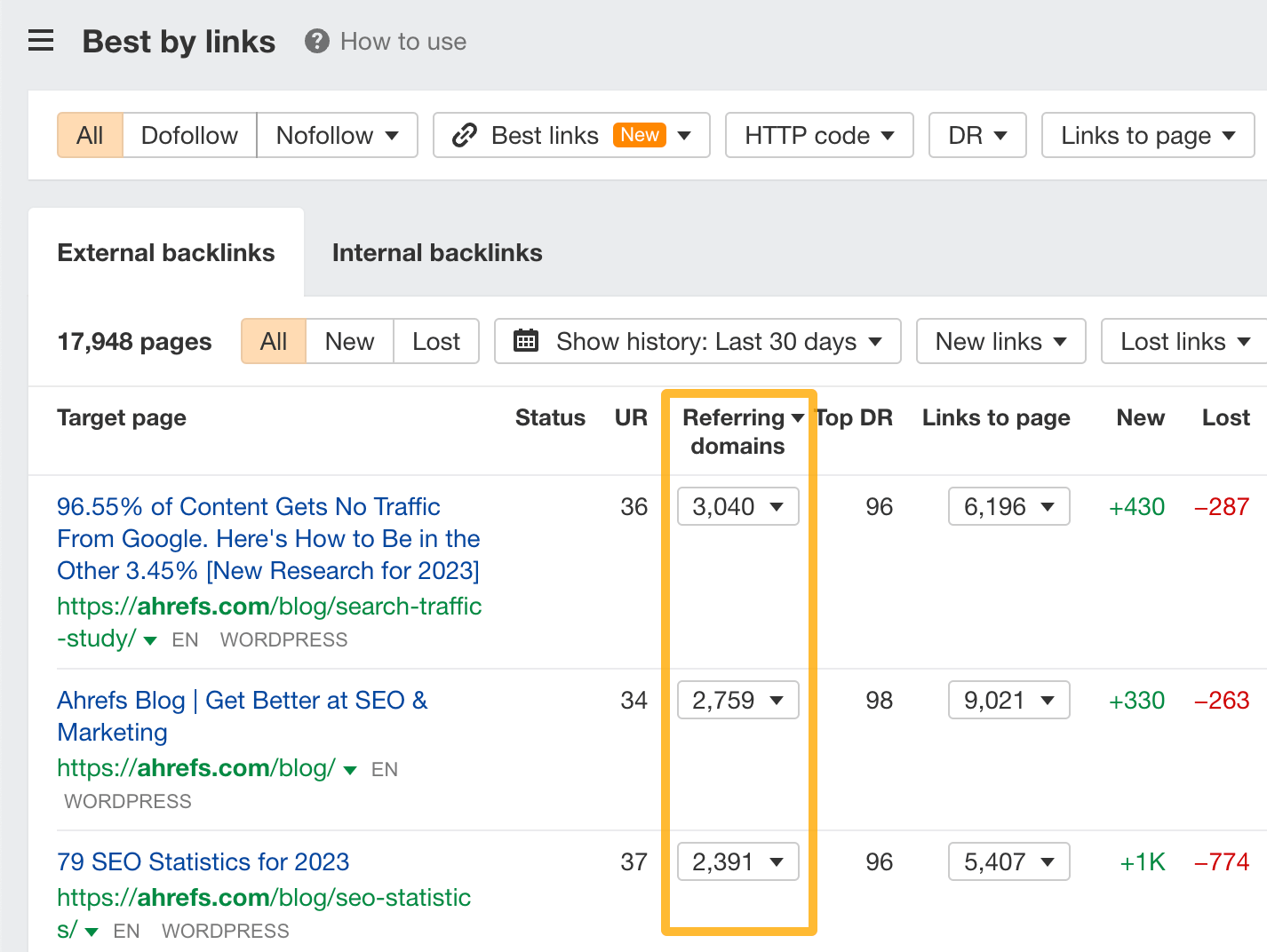 Best by links report in Ahrefs.