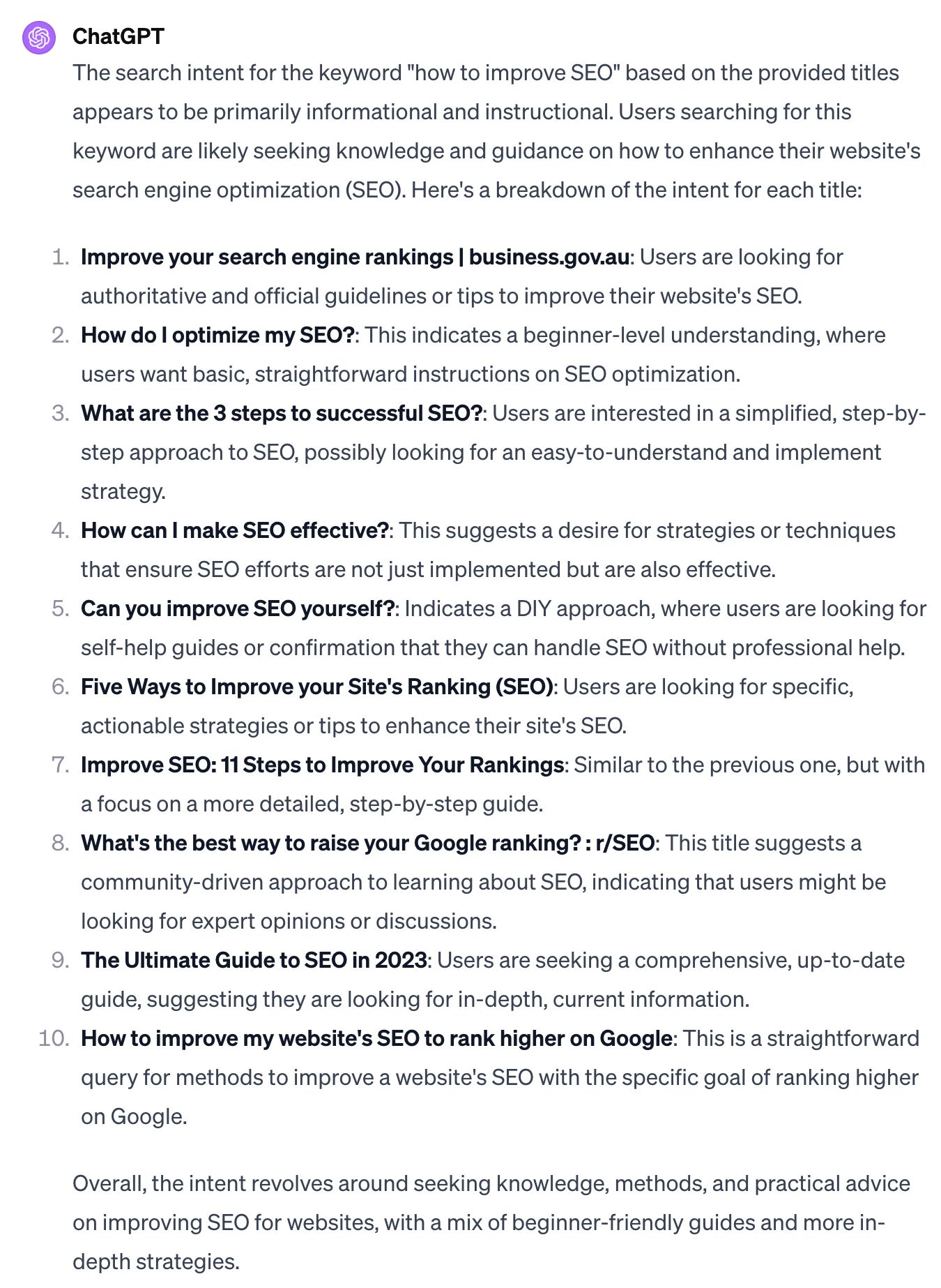 ChatGPT's analysis of search intent for the keyword "how to improve SEO"