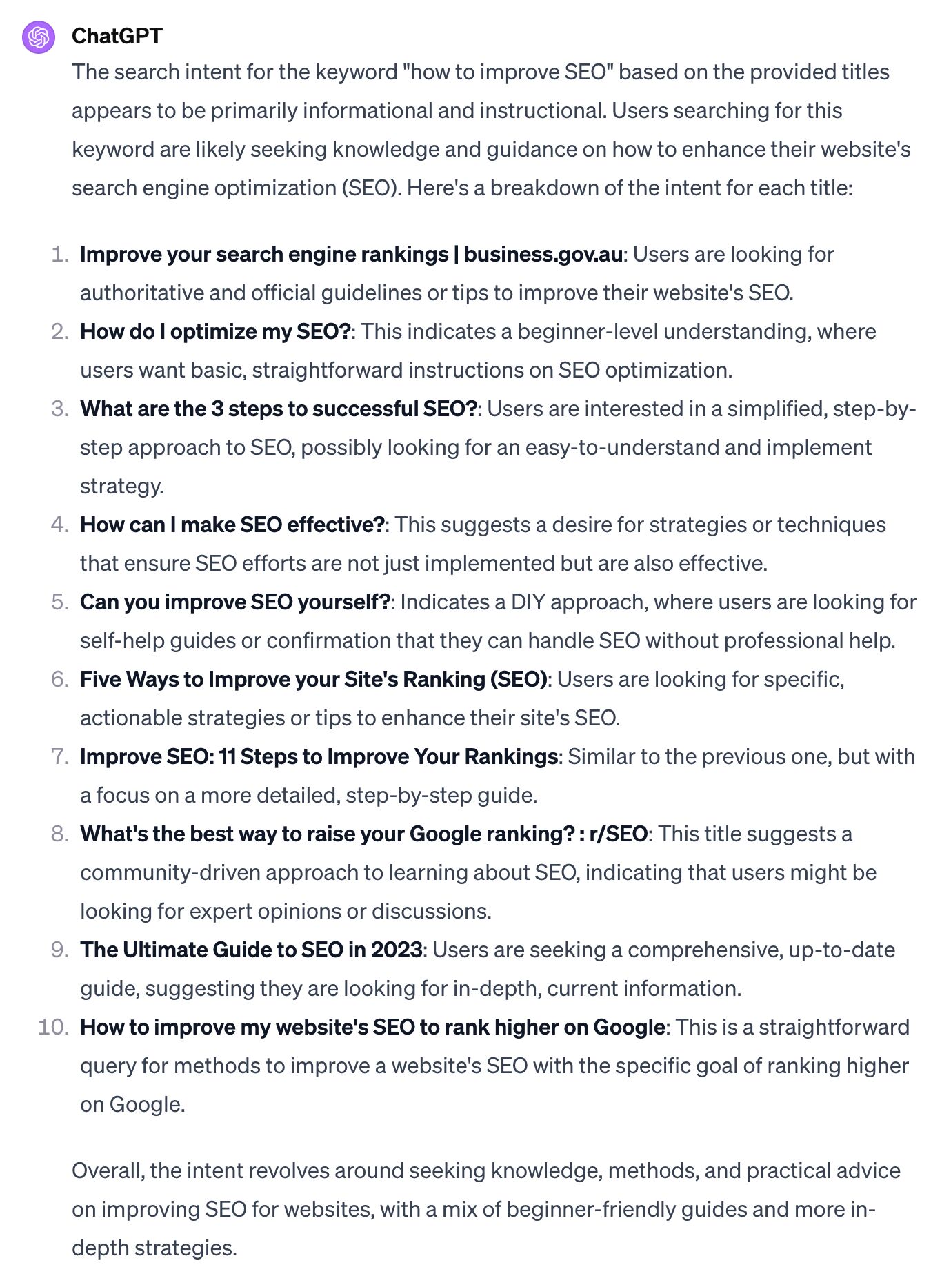 ChatGPT analysis of search intent for the keyword "how to improve SEO"