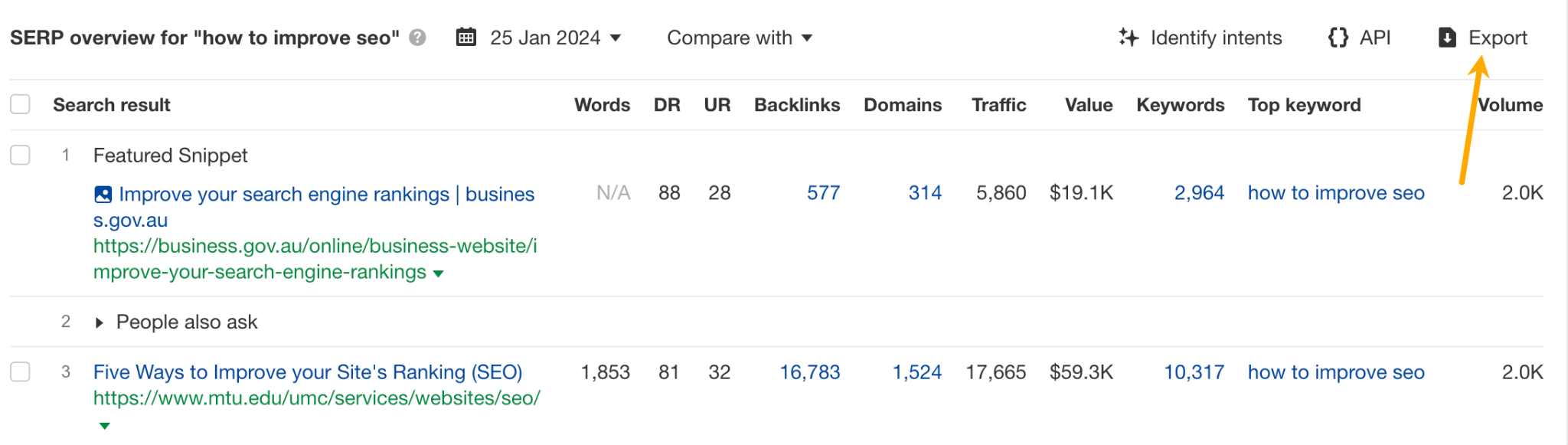 Export for SERP overview